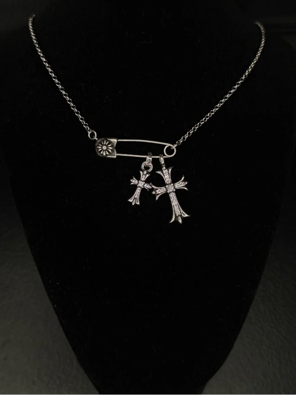 Chrome Hearts Safety Pin Double Diamond Studded Floral Cross Unisex Necklace - Picture 1 of 7